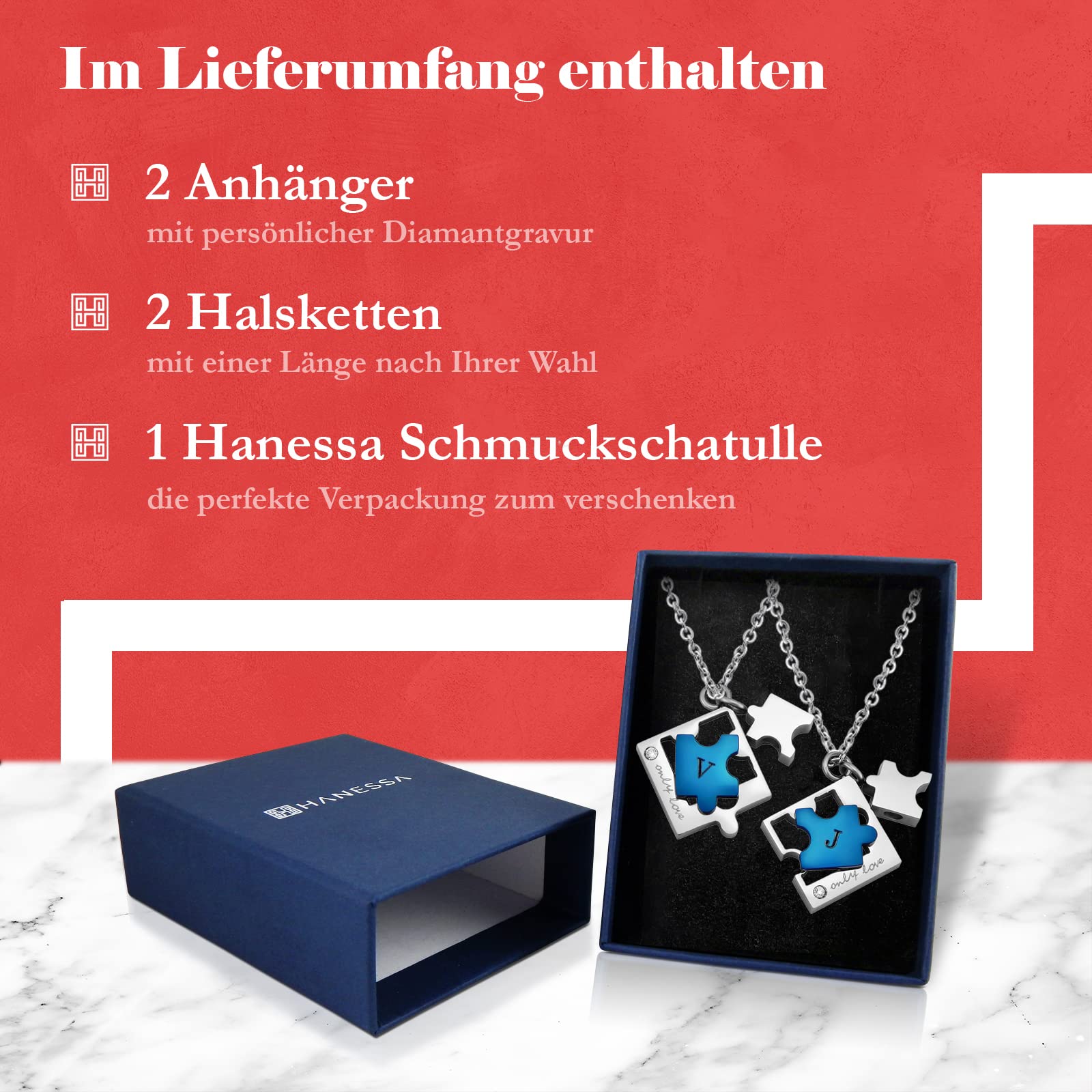 2 Stück Personalisierte Kette mit Gravur Edelstahl 50 cm mit Anhänger Puzzle Teil mit Strass-Stein in silber blau - Personalisierte Geschenke Damen Herren Freundin Freund - Partner Halskette