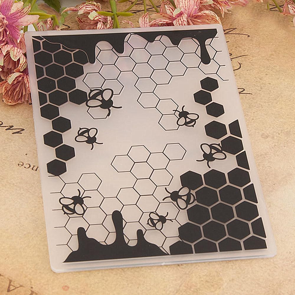 Bees Honeycomb Background Pattern Plastic Embossing Folder, 3D Textured Impressions Hexagon Beehive Background Embossing Folder Template for Card Making Scrapbooking Paper Craft Album Stamps DIY Décor