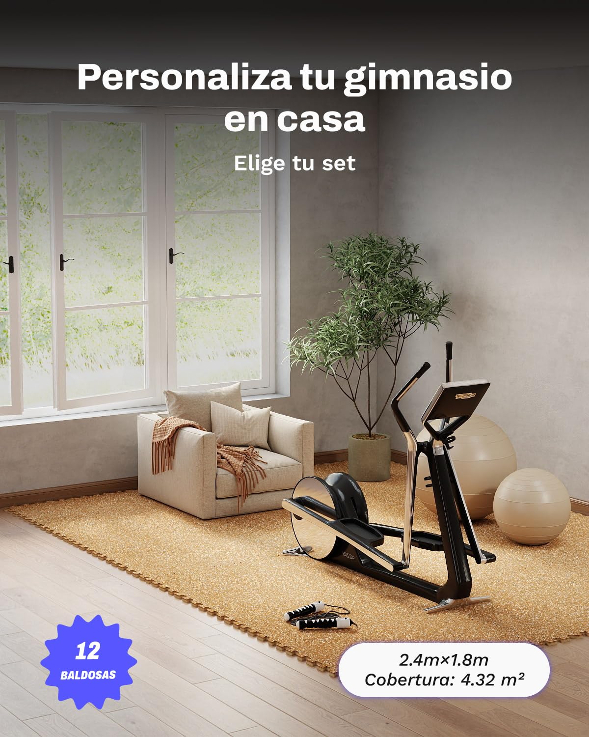 AIRHOP 12 pzs 60x60x1,4cm Suelo Gimnasio Mejorado para Equipo Pesado, Superficie de Goma Robusta, Extra Gruesa y Antideslizante, Puzzle Gym Floor para Gimnasio y Casa, 4,32 m², Madera Vetada