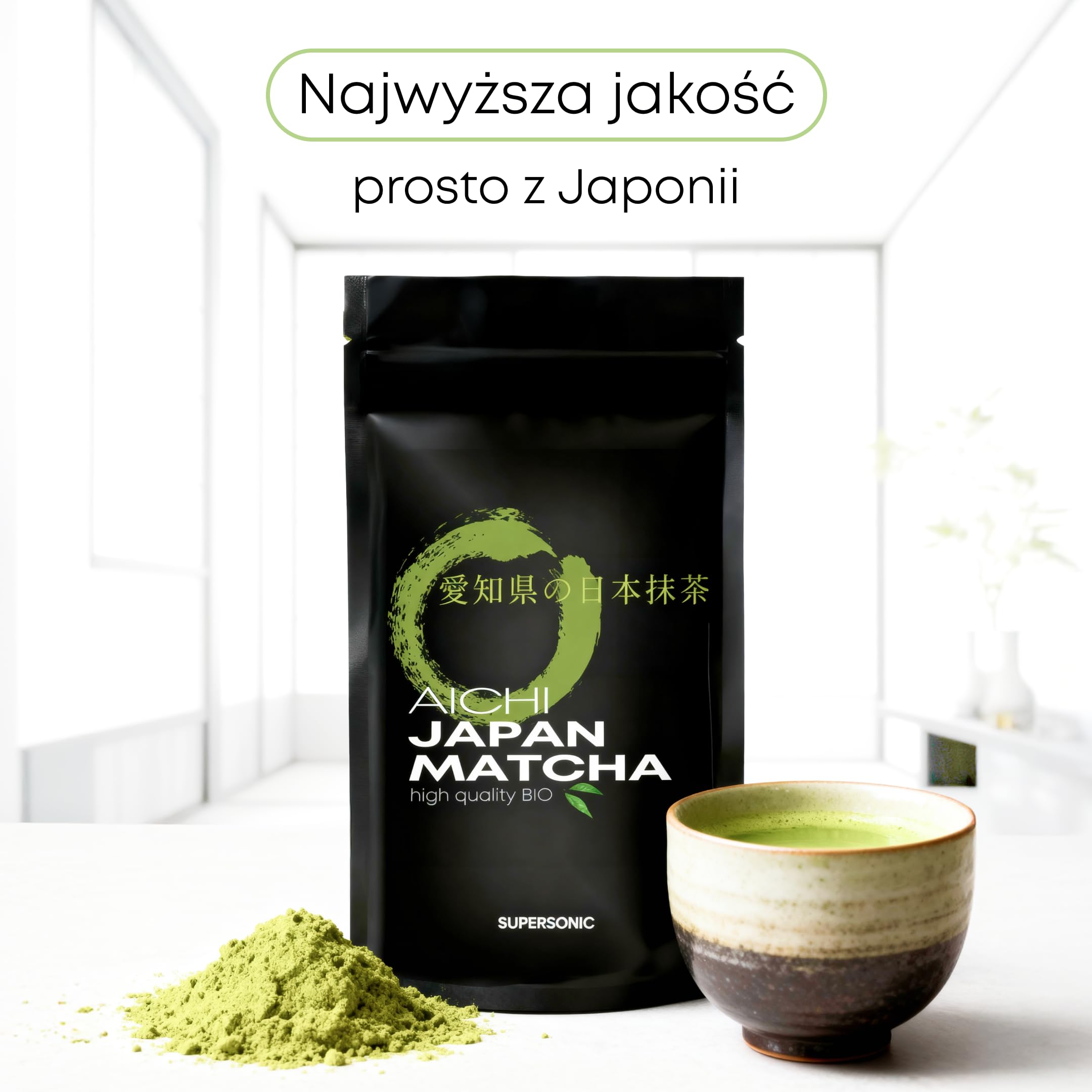 Supersonic Matcha Japońska Aichi 100 g – sproszkowana zielona herbata | Region Nishio (prefektura Aichi), jednoskładnikowa, wegańska, bez cukru, do latte i na zimno, parzona w 70°C, umami