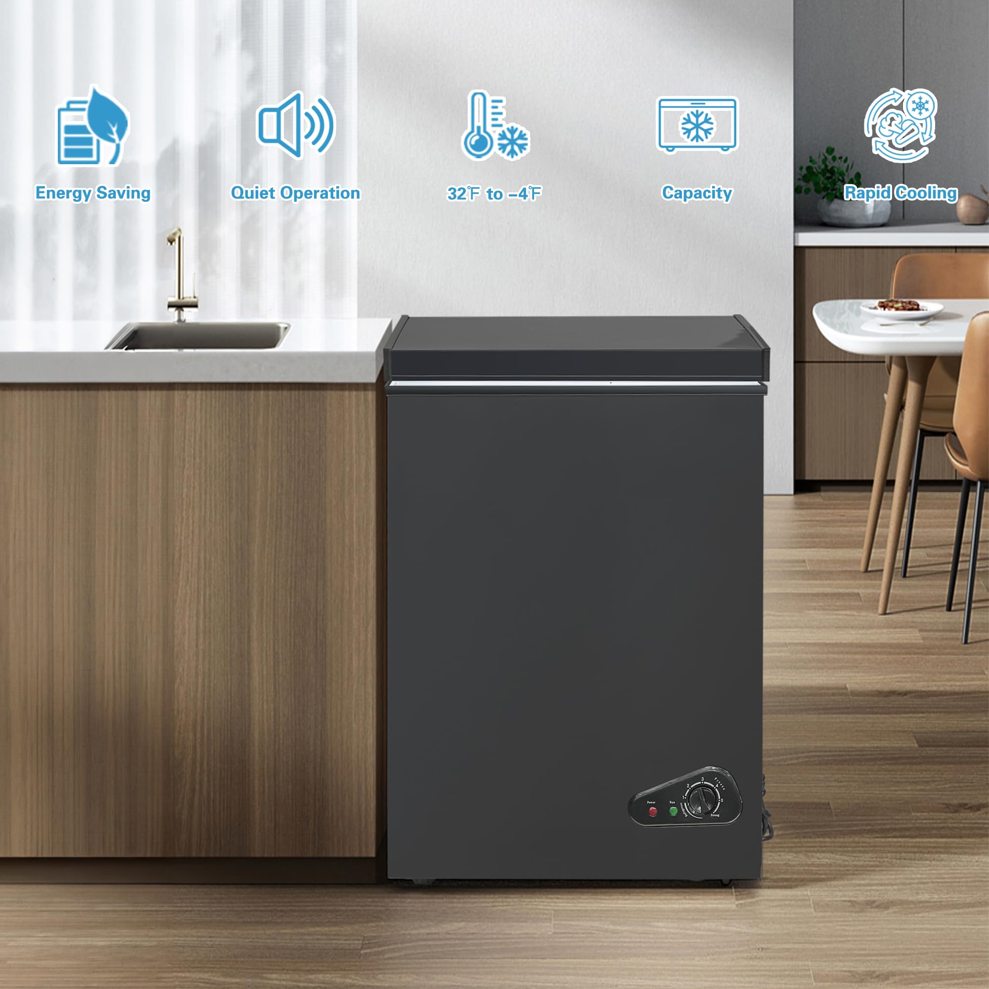 Chest Freezer 5.0 Cu.Ft Deep Freezer with 2 Removable Basket Small Freezer, Adjustable 6 Thermostat,Free-Standing Top Door, Energy Saving, Quiet Mini Freezer for Home/Garage/Dorm, Black