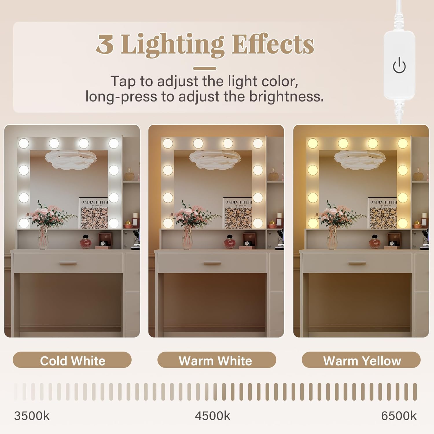 JUMMICO 39" Vanity Desk with Mirror & Power Outlet, 10 Lights, Makeup Vanity Table with 4 Large Drawers and 3 Storage Shelves, 3 Model Adjustable Lights for Bedroom & Dressing Room (White)