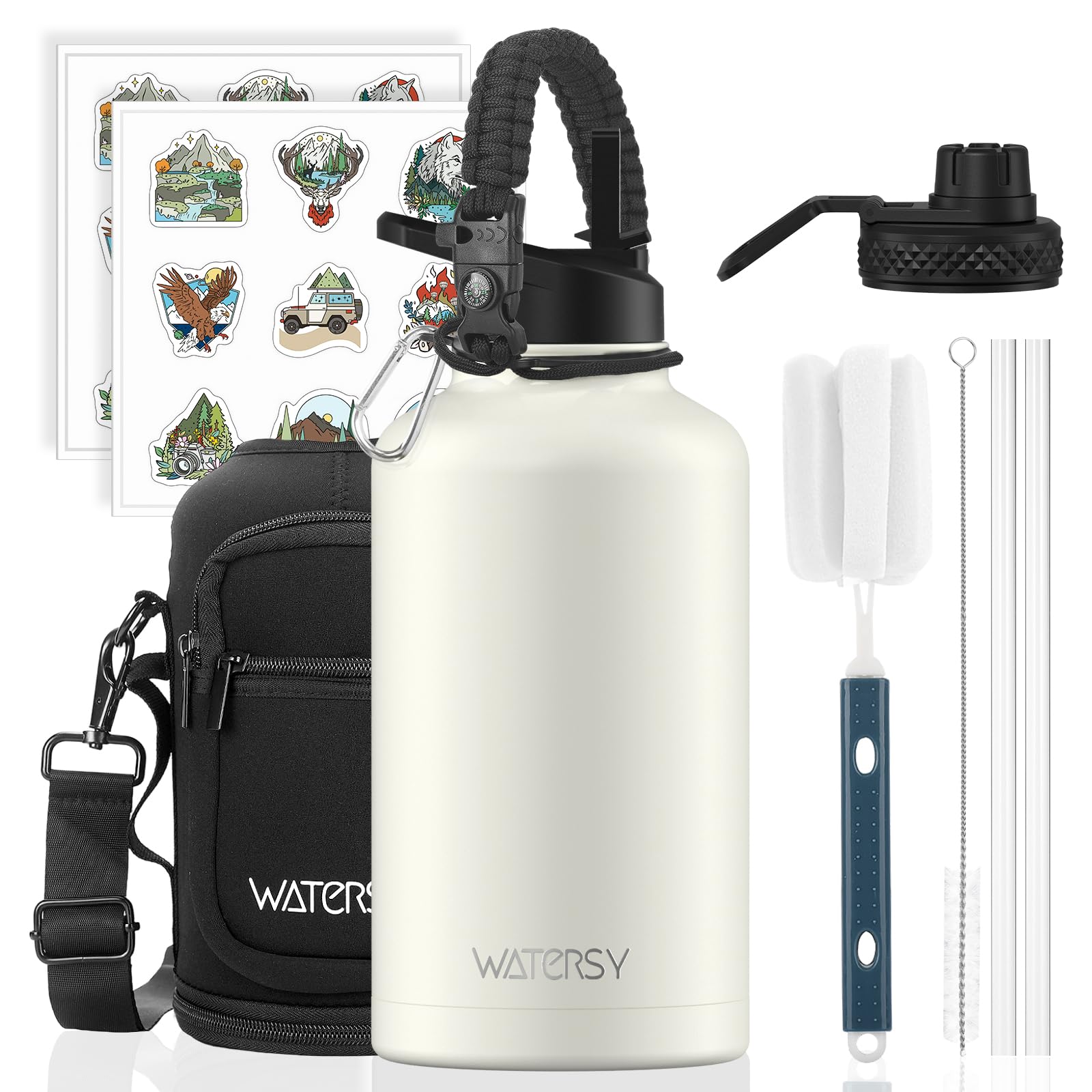 WATERSY Stainless Steel Vacuum Insulated Water Bottle 64oz, Drink Flask Metal Water Bottles 1890ml with 2 Lids Leakproof (Straw Lid and Spout Lid) Keep 48 Hours Cold Drinks for Sport, Work, Travel