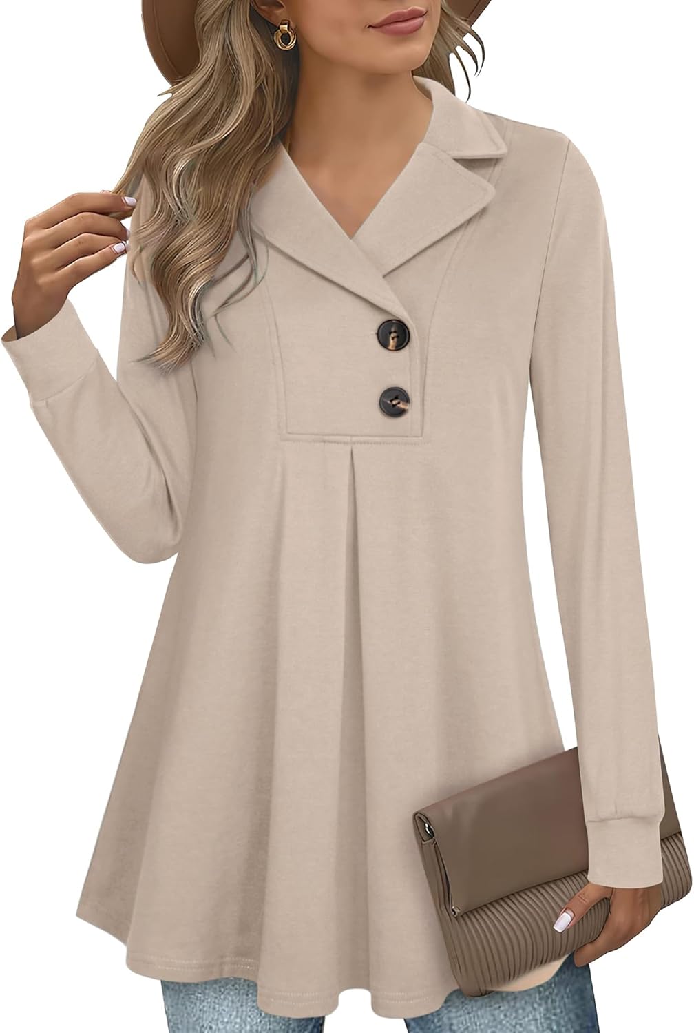 Gaharu Women's Swing Tunic Notch Collar Ladies Button Sweatshirt Long Sleeve Pullover Shirt Tops