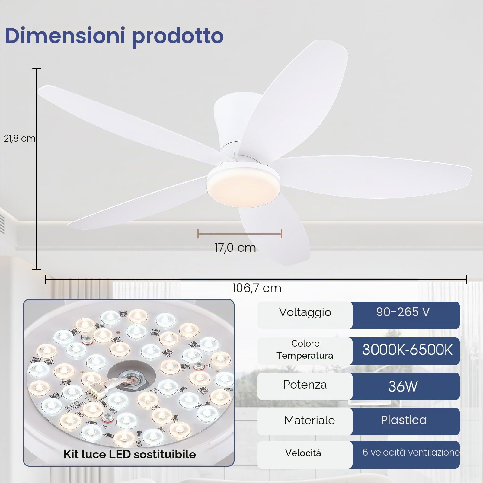 Ventilatori a soffitto con luci-106CM Ventilatore a soffitto a basso profilo con luce e controllo remoto/APP,DC reversibile, LED dimmabili Ventilatori a soffitto moderni per camera da letto(Bianco)