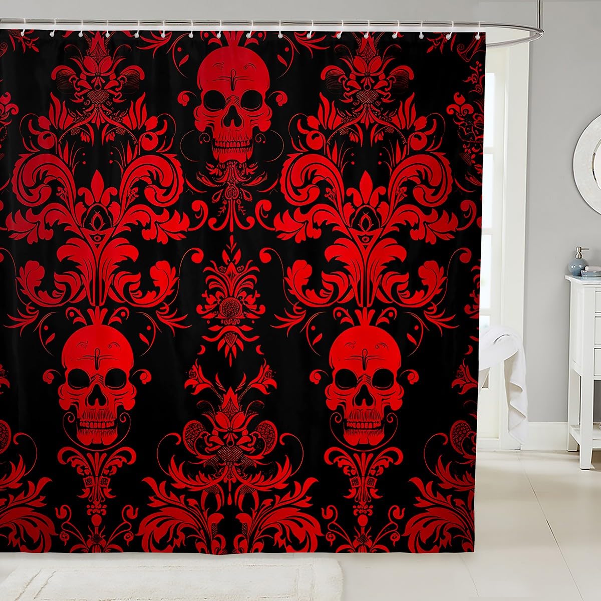 Erosebridal Adults Red Damask Bath Curtain Antique Victorian Baroque Fabric Shower Curtain 72" Wx78 L,Vintage Floral Exotic Sugar Skull Bathroom Decor