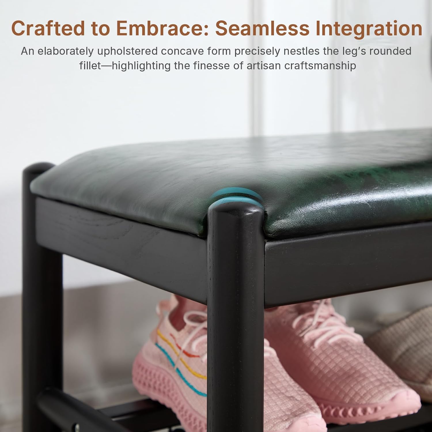 Shoe Bench, Solid Oak Wood Entryway Bench with Storage, 3-Tier Shoe Storage Bench with PU Leather Seat, Mid Century Shoe Rack Benches for Hallway, Bedroom, Living Room, 39.4" Blackish Green