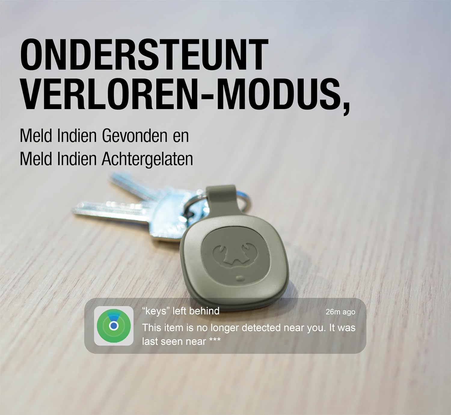 Fresh 'n Rebel Smart Finder with keys and a notification bubble showing 'keys left behind'.