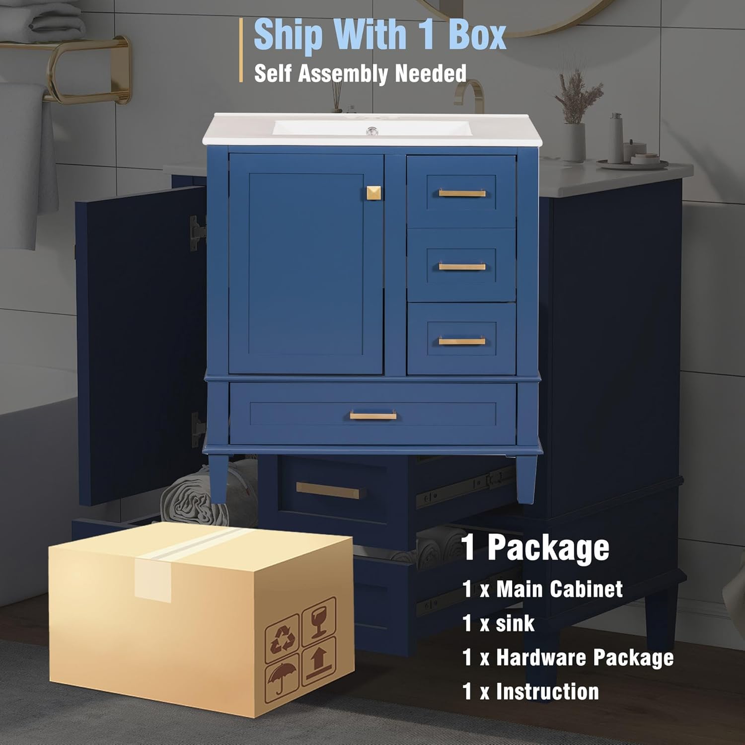 GDFStudio 30" Bathroom Vanity Sink Combo with 3 Drawers & 1 Soft Closing Door Floor Mount Freestanding Wood Bathroom Storage Cabinet Set with Ceramic Basin Sink Top for Small Bathroom Space, Blue