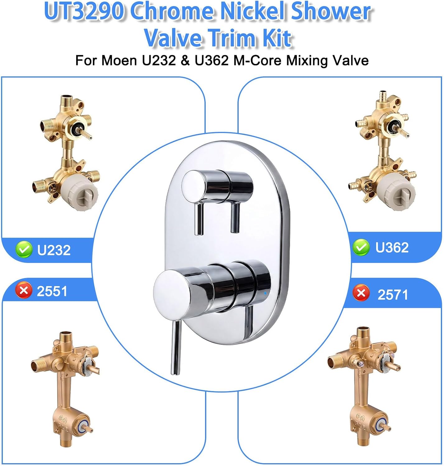 UT3290 Chrome Shower Valve Trim Kit Compatible with Moen Align M-CORE 3-Series 2-Handle Shower Faucet Trim Includes 1213 Cartridge for Moen U232 U362 M-CORE Mixing Valve, Valve Required image 3