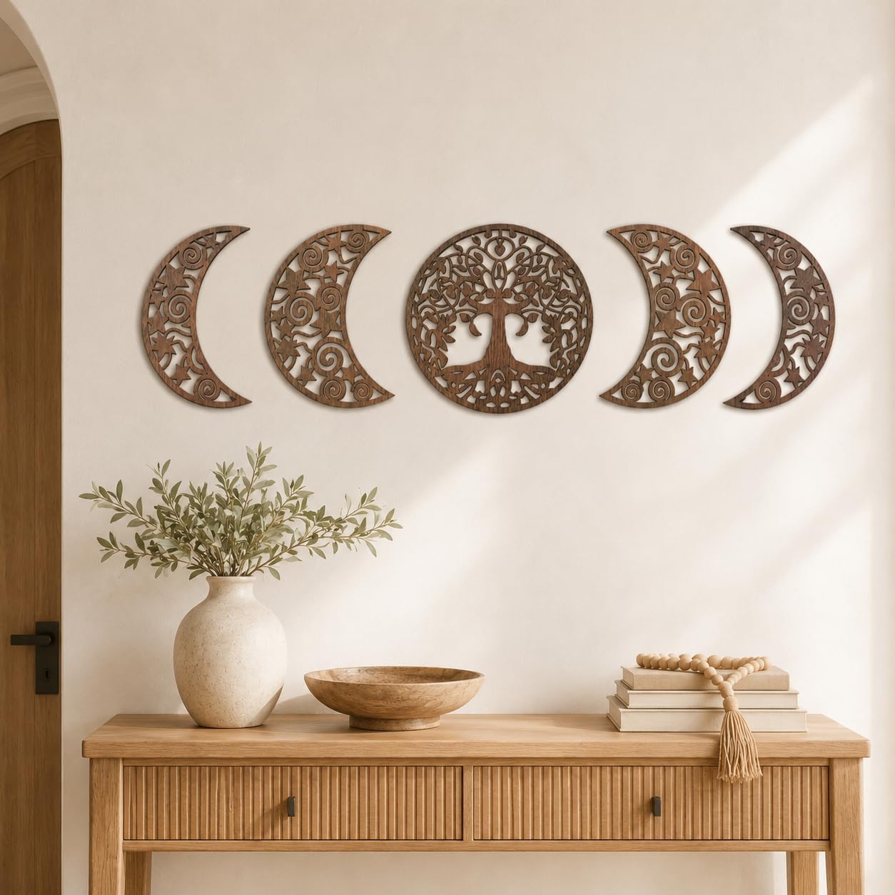 opulinea 5 Pcs Moon Phase Wall Art, 3D Hollow Carved Wooden Botanical Wall Pediments for Bedroom Living Room Apartment, Boho Celestial Above Bed Decor, Brown