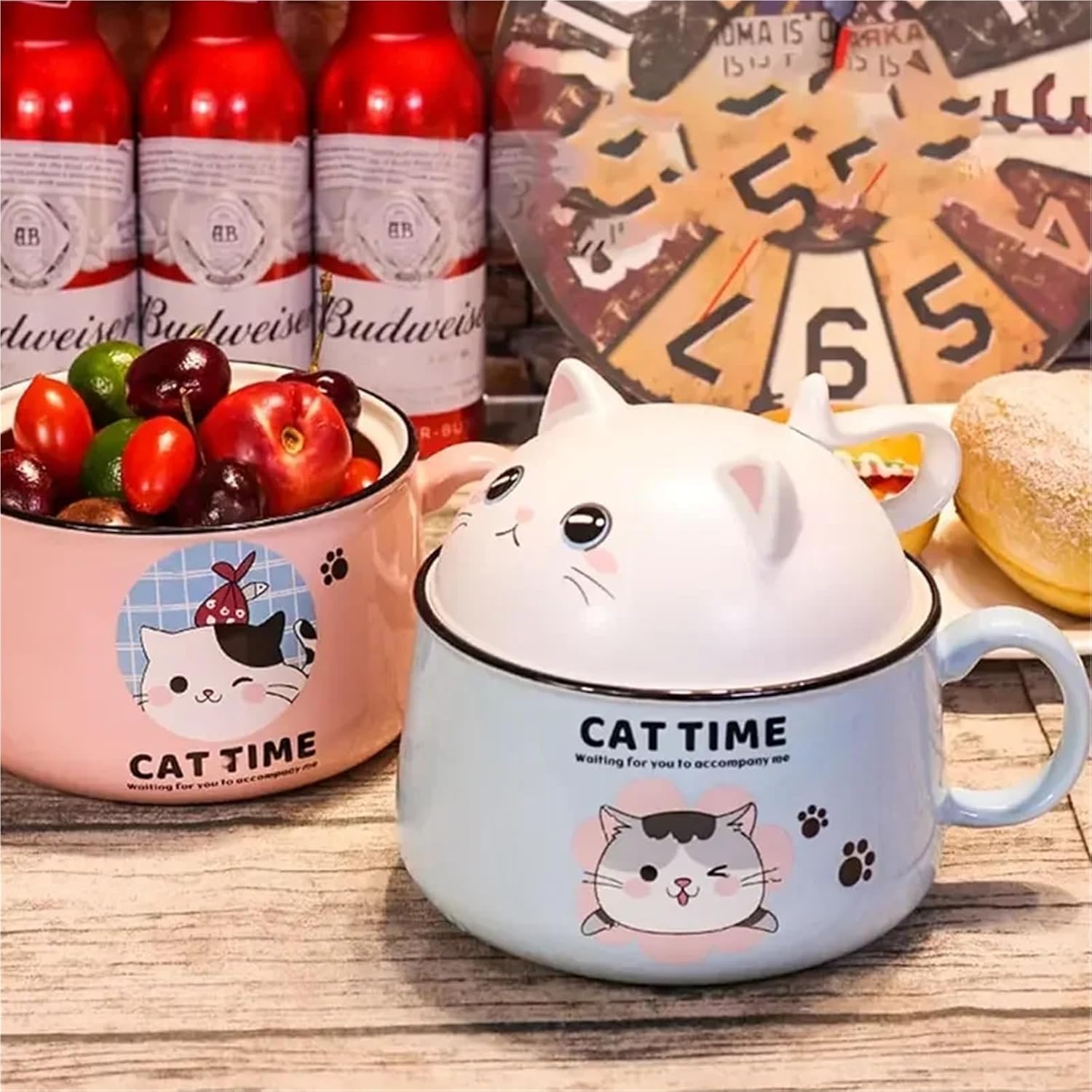 Cute Large Capacity Ceramic Bowl with Lid, Decorative Porcelain Dish for Food, Fruit & Instant Noodles, Daily Tableware(JT06 Red)