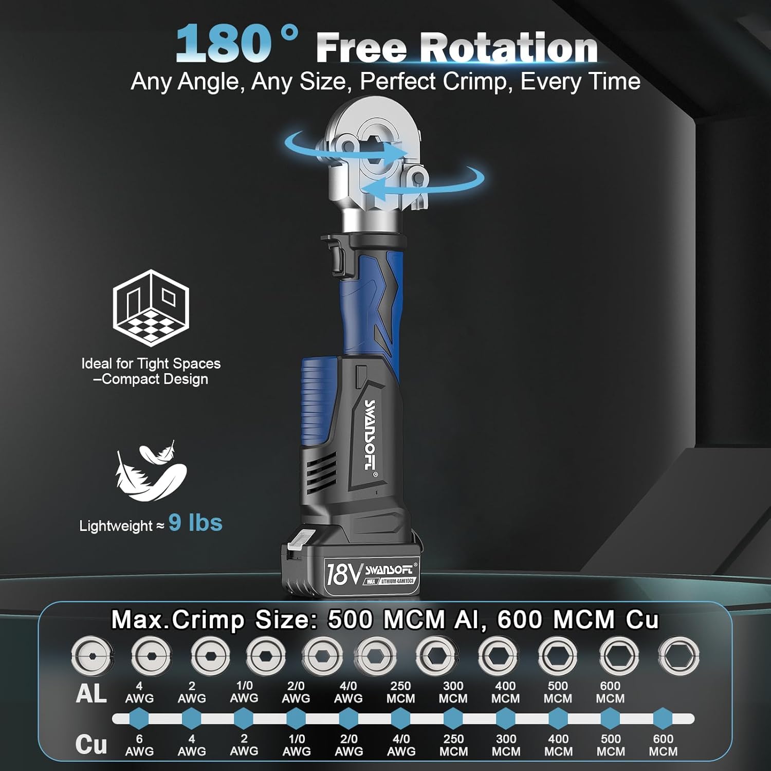 SWANSOFT Electric Hydraulic Crimping Tool, 6Ton 6AWG-600MCM Continuously Crimp Hydraulic Wire crimper for Cu/Al Terminal, Crimp 30000 Times Wire Cable Lug Crimping Tool Kit with 11 Dies (600B)