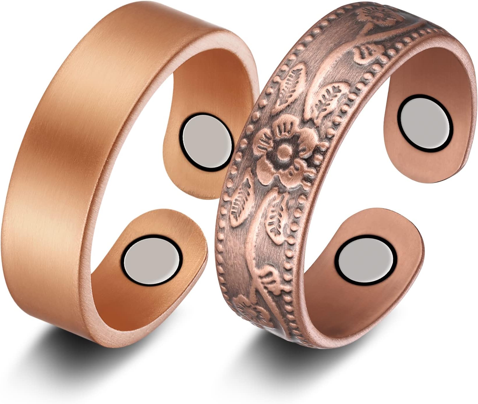 2PCS Copper Rings for Women Men,Magnetic Therapy Copper Ring, Adjustable Jewelry Gift with Box (Vintage Flower|Uncoated Sleek)