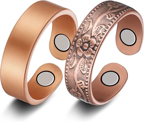 Jecanori 2 anillos de cobre para mujeres y hombres, anillo de cobre de terapia magnética, regalo de joyería ajustable con caja (flor vintage, sin