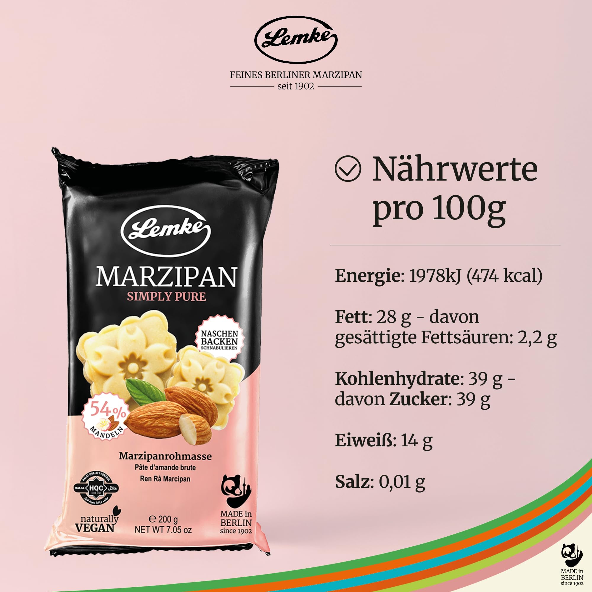 Lemke Simply Pure - Mazapán en bruto (200 g, mazapán fino de Berlín crudo sin alcohol, 54% de almendras, masa cruda para hornear, para bombones y postres, natural y puro placer)