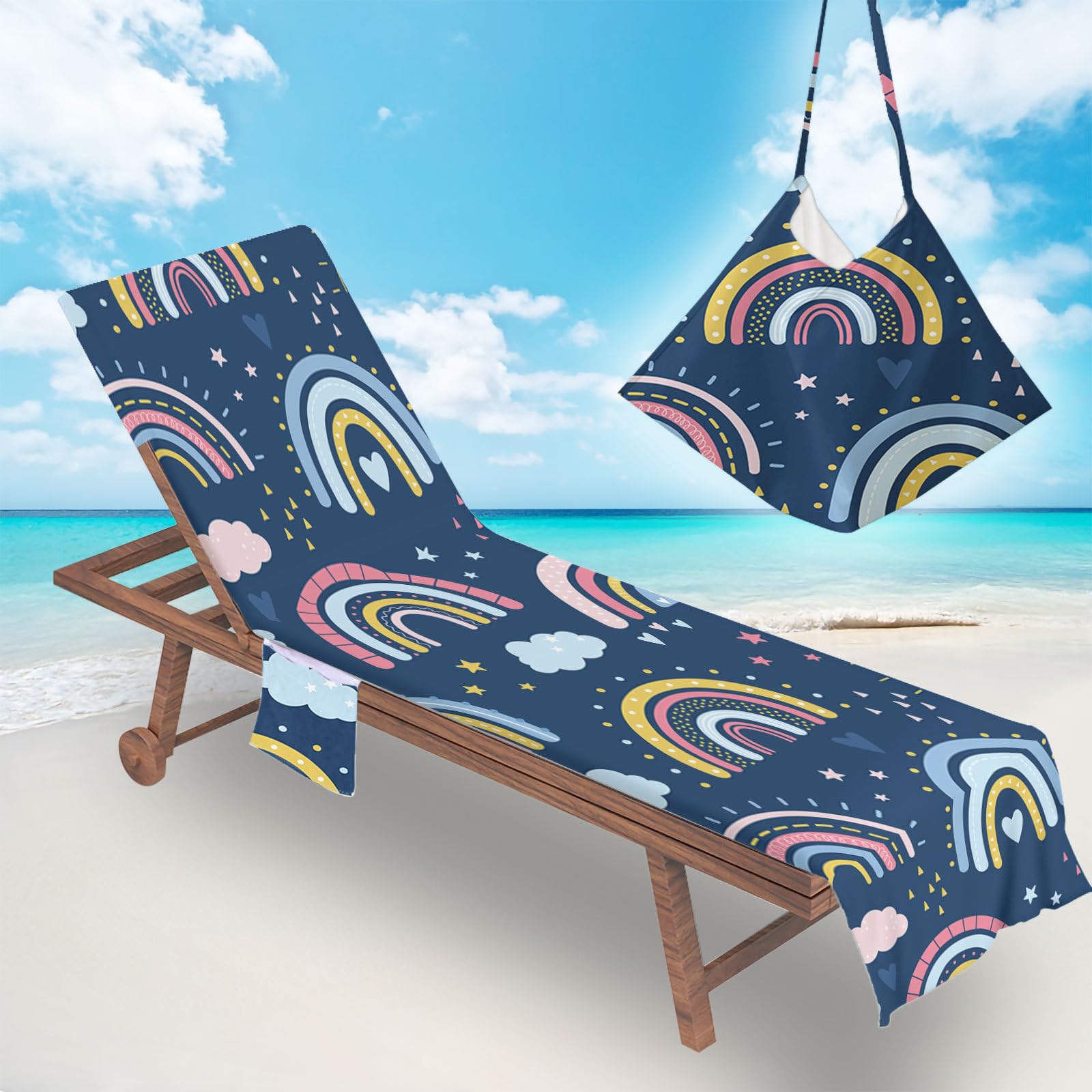 RRrawgff Sun Lounger Beach Towel with Pockets, Rainbow Pattern Beach Lounger Towel Beach Chair Cover Towel Fitted Microfiber Sunbed Towel Sun Lounger Towels for Summer Vacation (Stars)