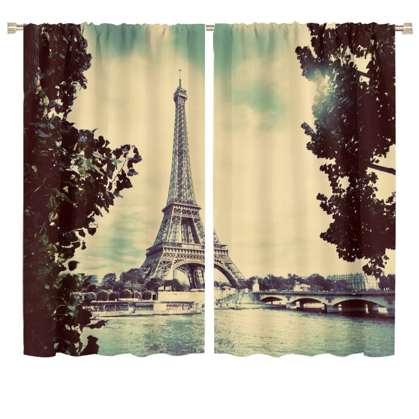 JESTRONRY Paris Eiffel Tower Seine River Blackout Curtains,Vintage France Cityscape Scene Theme Rod Pocket Window Drapes 2 Panel Set for Living Room Bedroom Kitchen Cafe W72xL63in