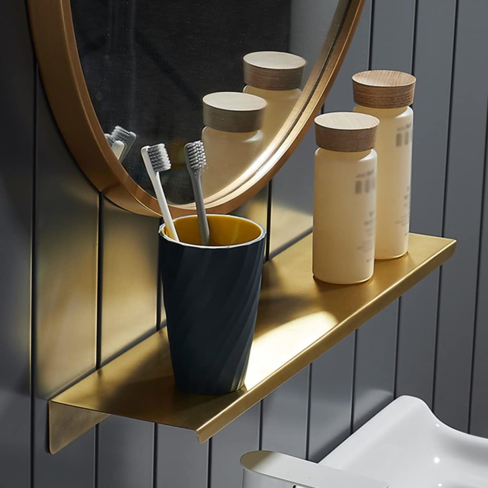 Estante Multifuncional para Ducha, Estante Flotante para Baño, Estante Separador De Ambientes, Estante Frontal De Espejo De Latón Cepillado, Estante De Almacena