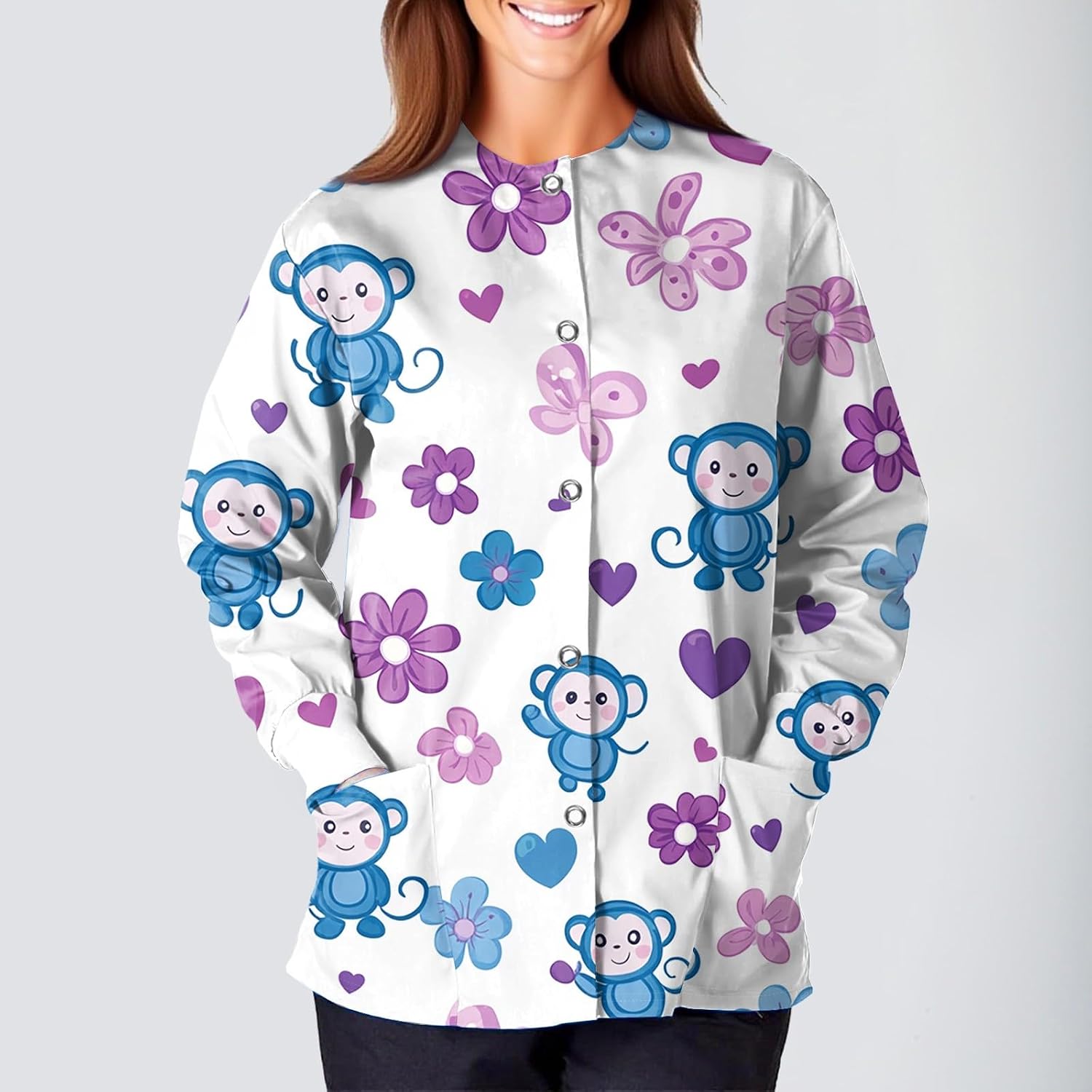 UOFOCO Womens Cute Cartoon Print Scrub Coat Plus Size Cozy Lightweight Medical Uniforms Jackets Nurse Vet Pediatric 2025 Scrub Jackets Pinks 3XL