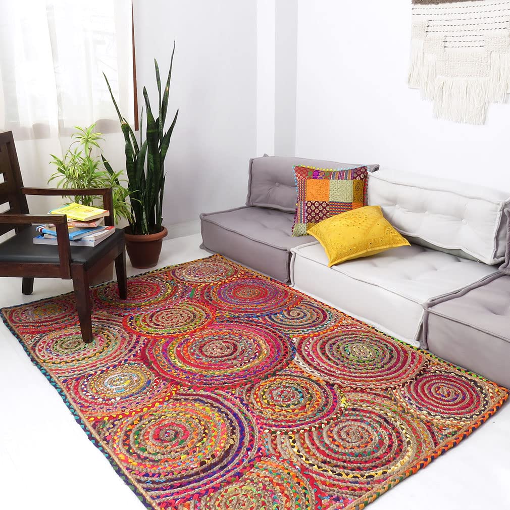 Plein de Couleurs Tissé Jute Chindi Tressé Zone Décorative Tapis Indien Bohème Accent Décorative Fait à la Main Tissé - Pop Multicolore, 4 X 6 ft. (120 X 180 cm)