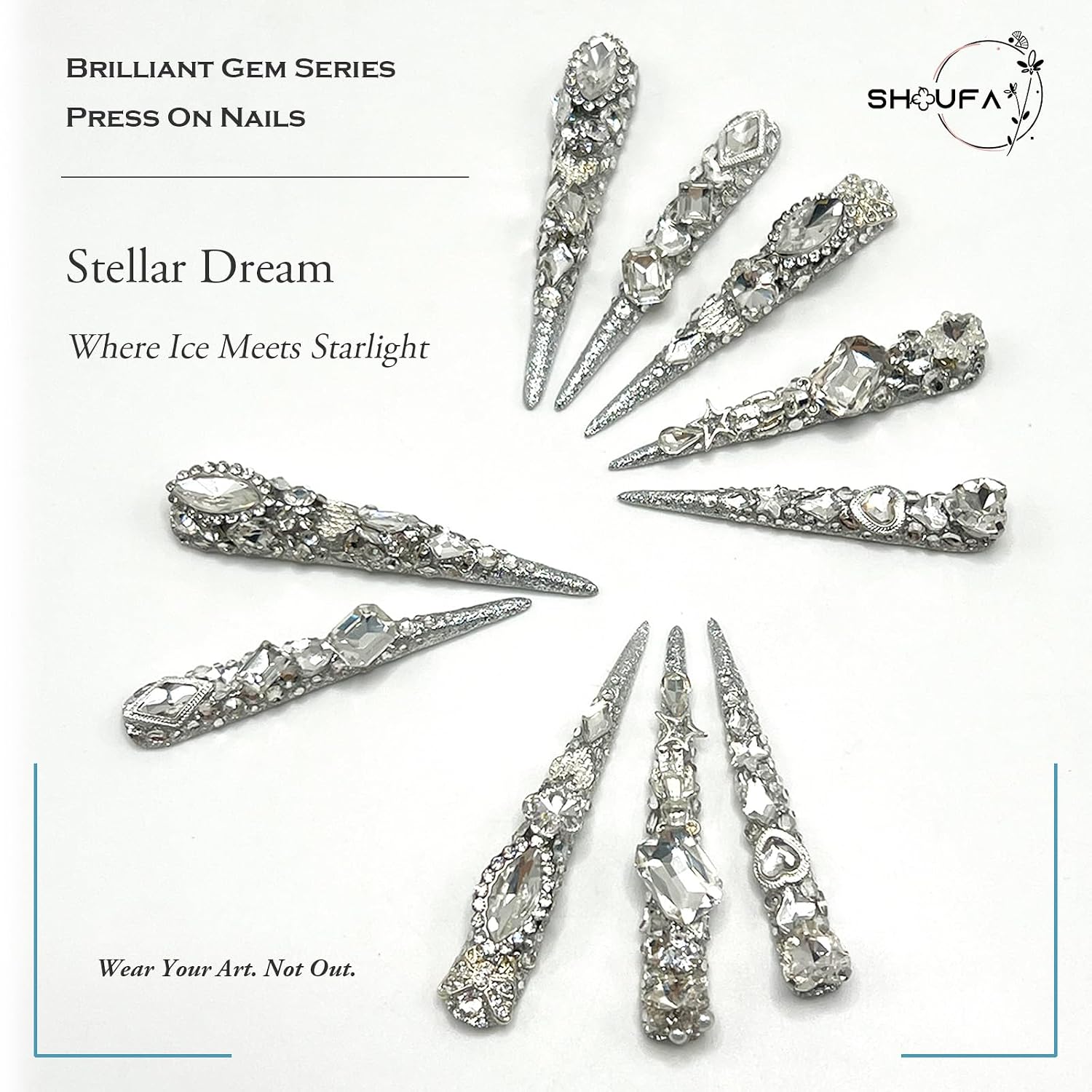 Handcrafted Crystal Press On Nails, Extended Length White Wearable Nails, Reusable Scratch Resistant Press On Nails, Original Design Handmade 3d Artificial Nails (Medium)