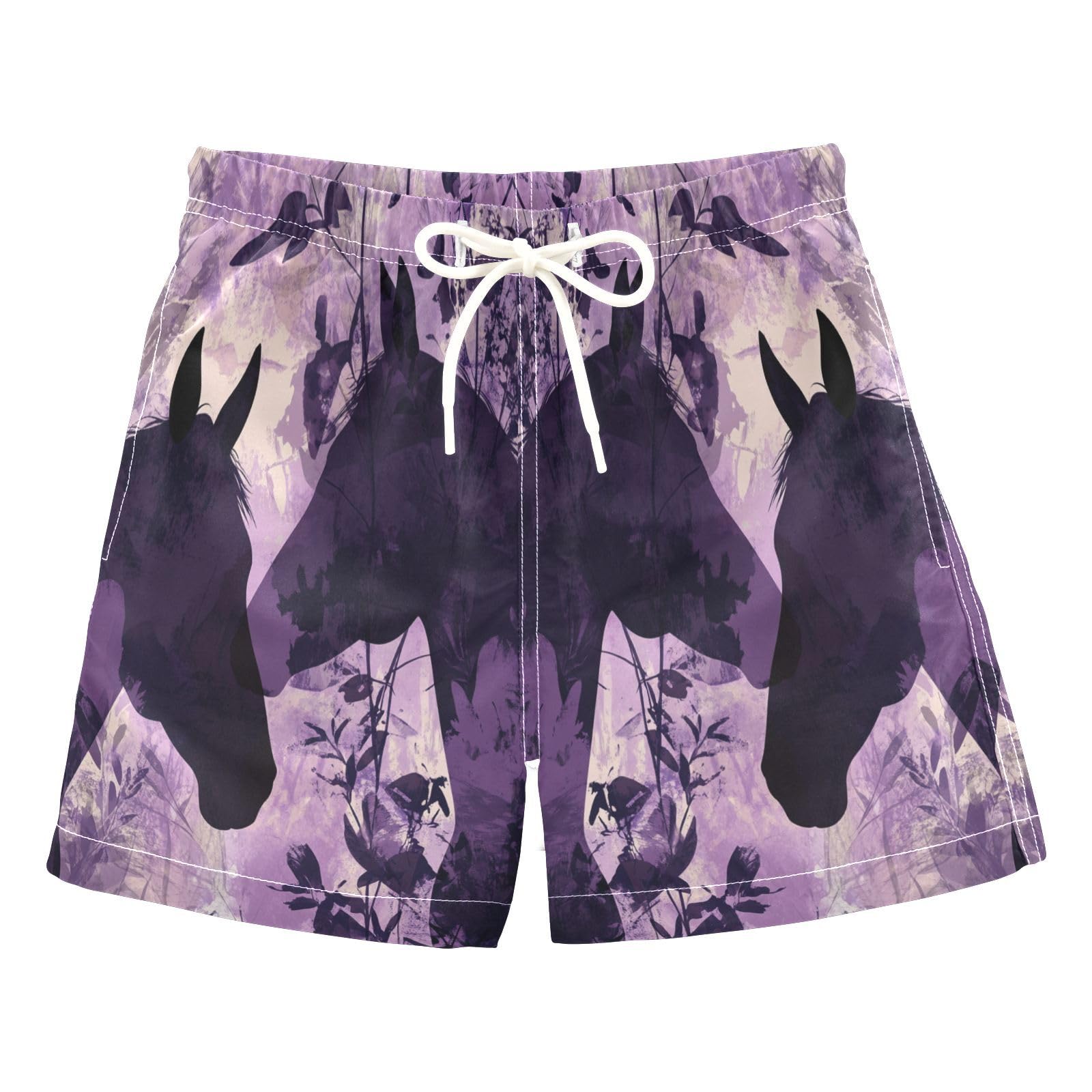 Jucciaco Boys Swim Trunk Quick Dry Beach Board Shorts Horse Animal Purple Leaves Swimwear for Kids
