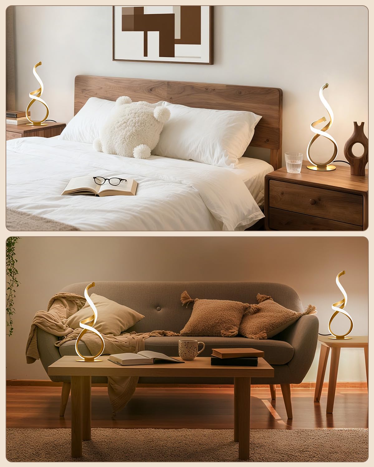 Paquete de 2 lámparas de mesa de noche, lámpara LED de escritorio en espiral, regulable al tacto, temperatura de 3 colores, luz moderna para mesitas de noche, luz lateral única para