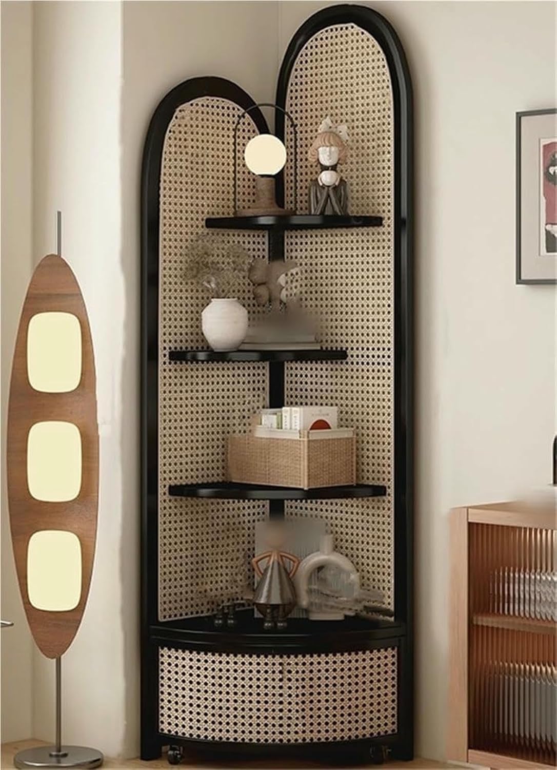4-Tier Wood Rattan Corner Shelf Cabinet with Removable Basket - Multi-Functional Storage Solution for Living Room, for Home Organization