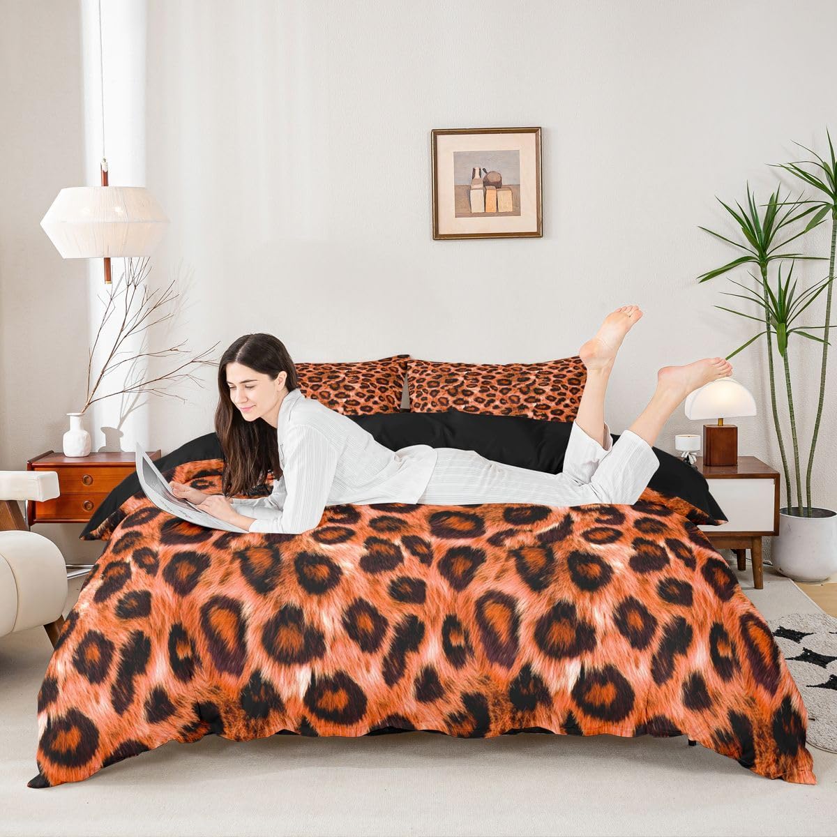 Leopard Duvet Cover Set Toddler Size,Animal Cheetah Printed Bedding Sets 2Pcs for Kids Girls Boys Adult Room Decor,Orange/Floral Print Comforter Cover Wildlife Fur Quilt Cover,1 Pillowcase