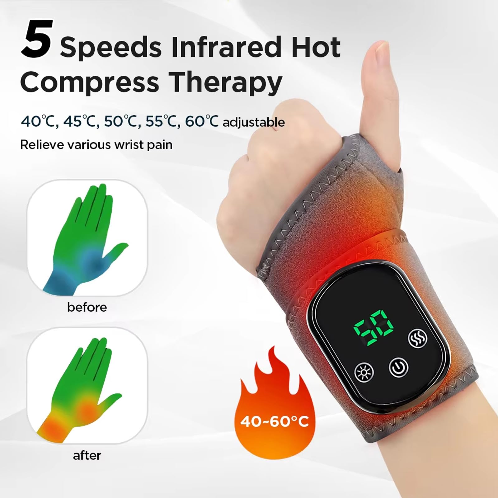 Muñequera vibradora térmica para aliviar el dolor de artritis con 5 métodos de calentamiento y 3 métodos de masaje, temporizador inteligente de 30 minutos