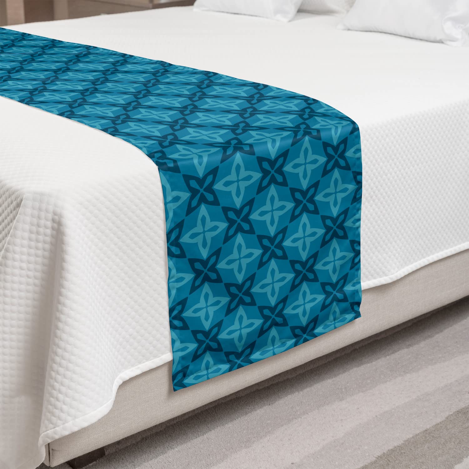 Lunarable Flower Bed Runner, Moroccan Flowers Design Geometric Blossoming Petal Pattern, Decorative Accent Bedding Scarf for Hotels Homes and Guestrooms, Queen, Ocean Blue-image-38