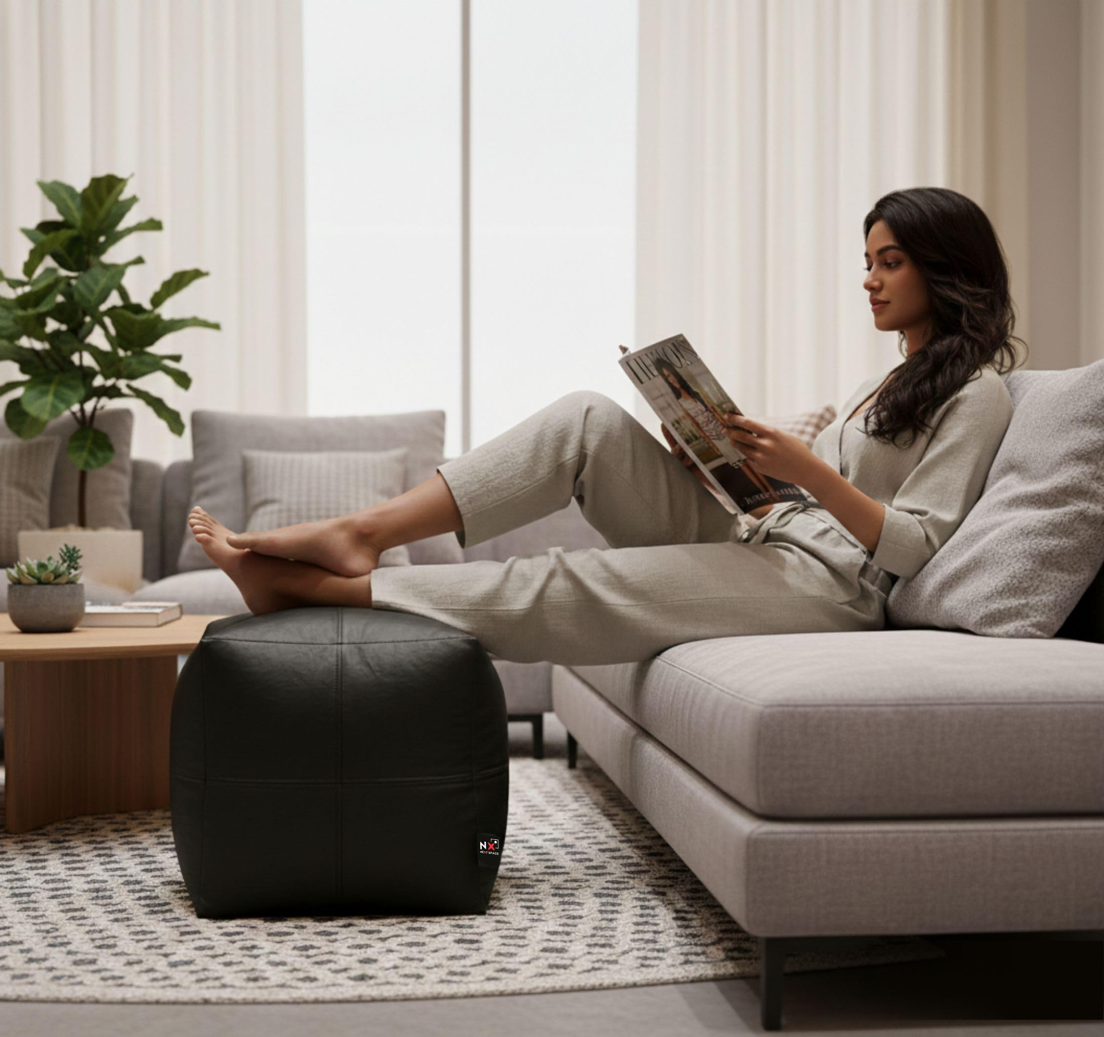 JUPITER 16-Inch XXL - Premium Bean Bag Cube & Footstool – Multipurpose Ottoman Pouf for Living Room, Balcony, Bedroom & Kids | Durable Faux Leather- Without Beans - Cover only (Black)-image-32