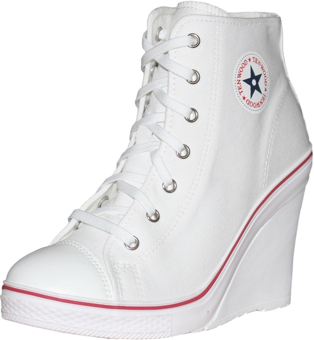 MultiShoe TENWOOD Women's Canvas Lace up High Heel Wedge Side Zipper Fashion Sneakers (7 US Women, White)