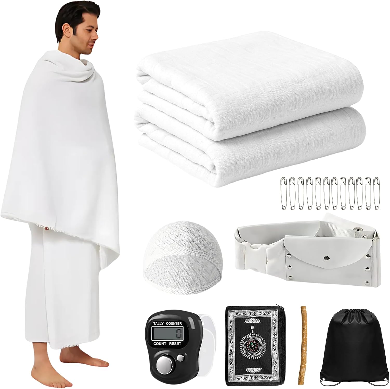 Umrah Essentials Kit for Men – Pack of 8 | Cotton Ihram 110x220 cm, Adjustable Ihram Belt, Foldable Prayer Mat, Miswak, Safety Pins, Digital Tasbeeh, Prayer Cap, Drawstring Bag for Hajj & Umrah