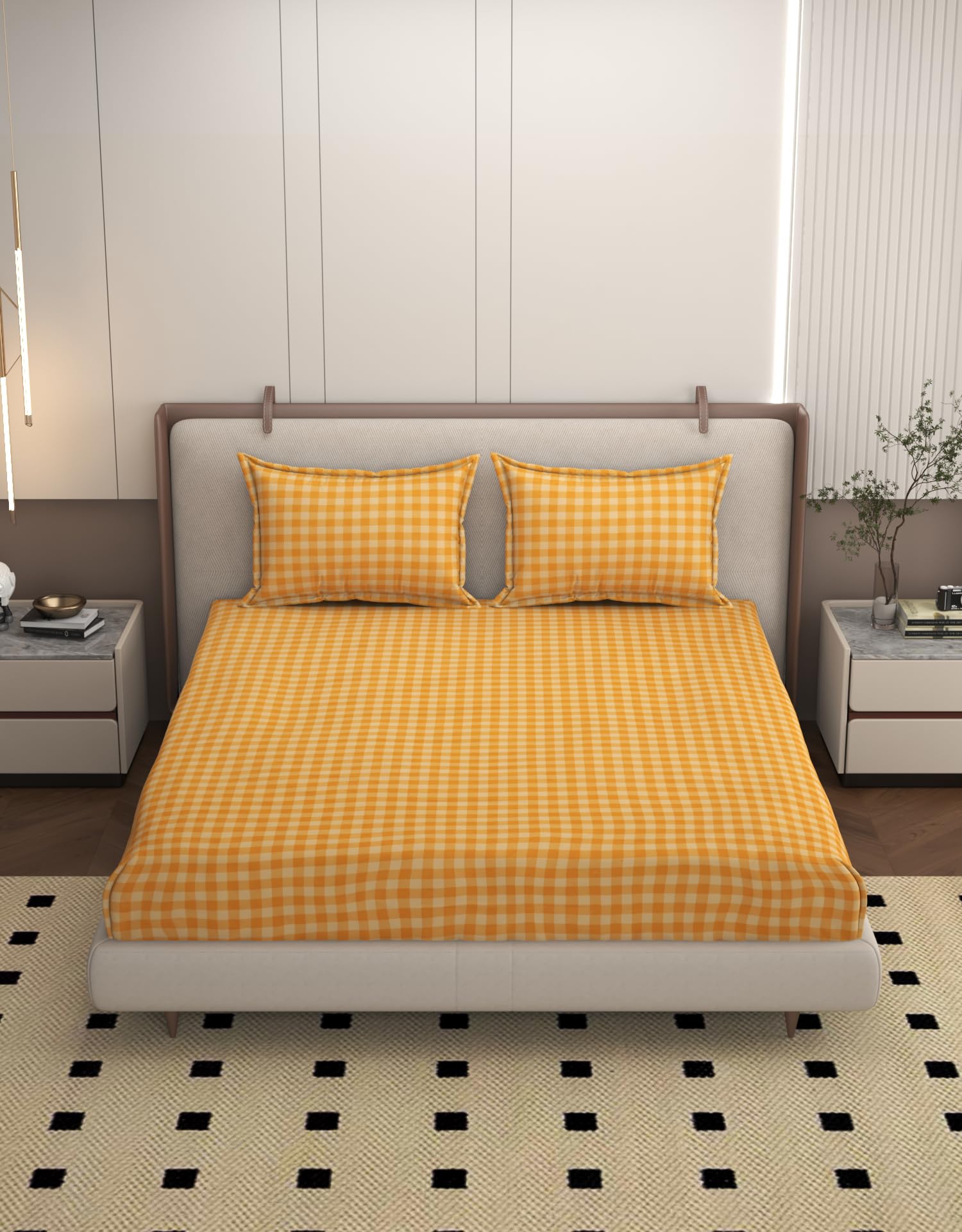 280 TC Soft 100% Organic Microfiber Check Bedsheet for Double Bed with 2 Pillows Covers 90x100 inches (Orange White)-image-31