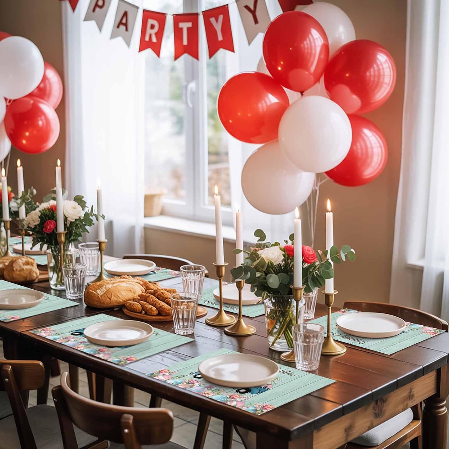 Placemats for Dining Table Set of 4 Happy Easter Wooden Grain Gnomes and Easter Eggs Table Mats for Home Kitchen Restaurant Easter Day Party Decoration,Washable