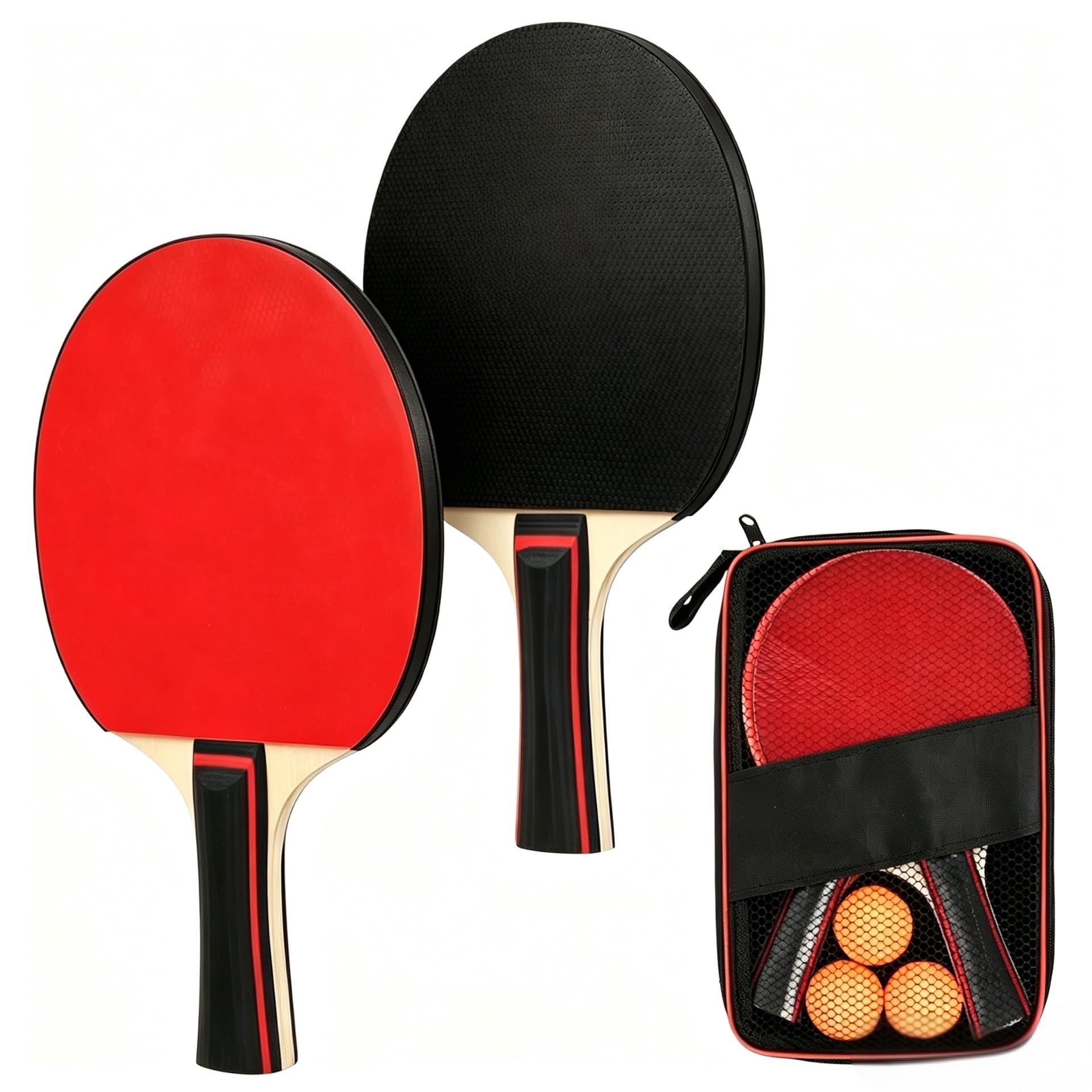 Set de Tenis de Mesa: 2 Raquetas Ping Pong, 3 Pelotas de Ping Pong y Bolsa de Transporte, para Principiantes, Profesionales y familias, para Uso en Interiores y Exteriores