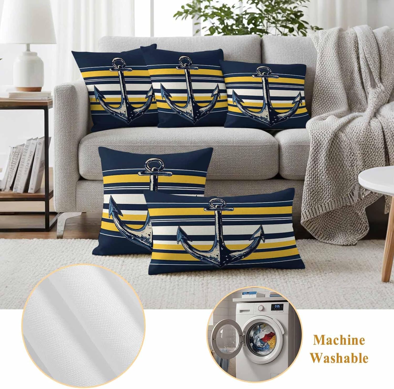 Vintage Anchor Outdoor Waterproof Pillow Covers Set of 2, Yellow Blue Striped Pillowcase Decorative Throw Cushion Cases for Patio Garden Couch 18 x 18 Inches