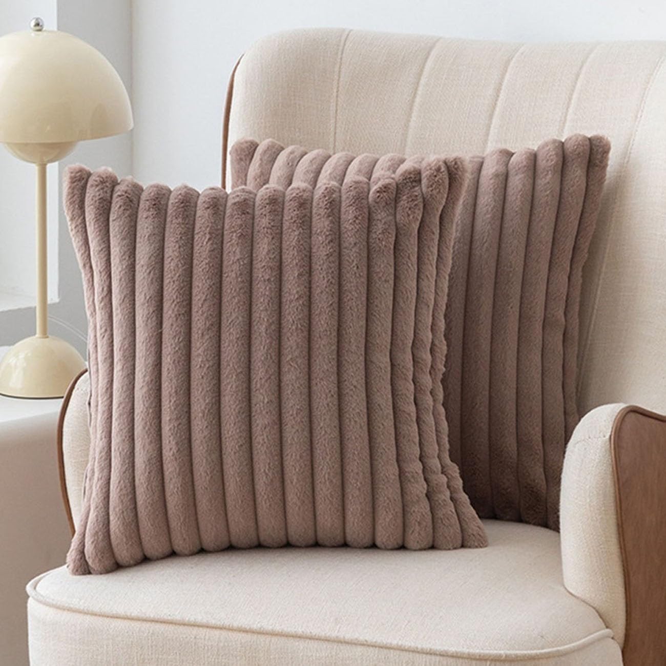 SWJ-swjssb Set Of 2 Faux Fur Plush Throw Pillow Covers 18x18, Fluffy Striped Pillowcase Square Cushion Covers 18 X 18 20x20 Inches For Sofa Couch Bed Pillow Case(Light Camel,58x58 cm Set of 2)