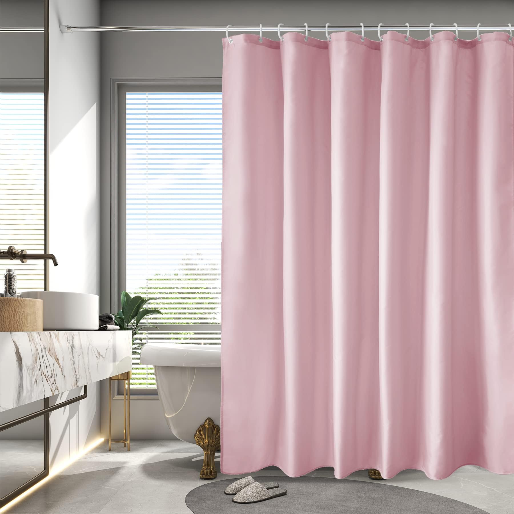 AooHome Extra Long 72x78 inch Shower Liner, Fabric Solid Color Shower Curtain Liner with Hooks, Weighted Hem, Water Repellent, Pink