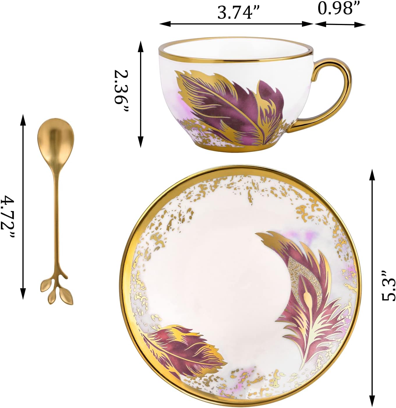 Golden Handle Ceramic Tea Cups, Vintage Feather Pattern Espresso Coffee Mug Set with Saucer & Spoon, 7.74 Oz, Style 2