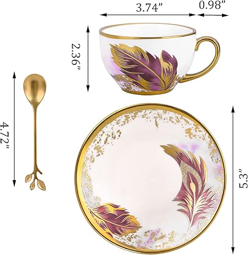 Miniatura 2 de Jimiruigro Golden Handle - Juego de tazas de té de cerámica con diseño de plumas vintage con platillo y cuchara 774 onzas estilo 2