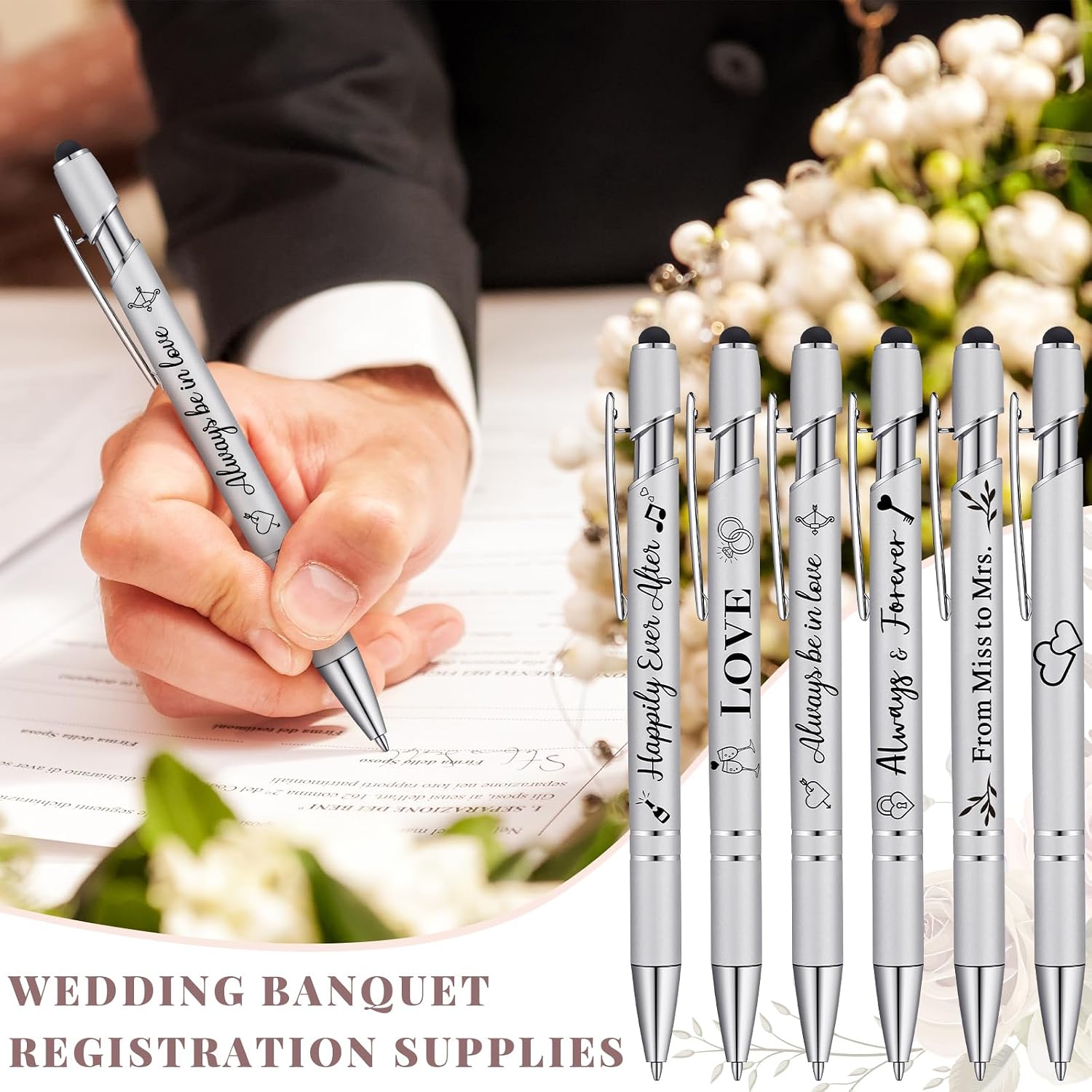 Kisston 36 Pcs Wedding Pens Bulk Bridal Shower Pens Favors Bachelorette 6 Styles Retractable Ballpoint Wedding Favors Supplies for Guest Game Office(Silvery)