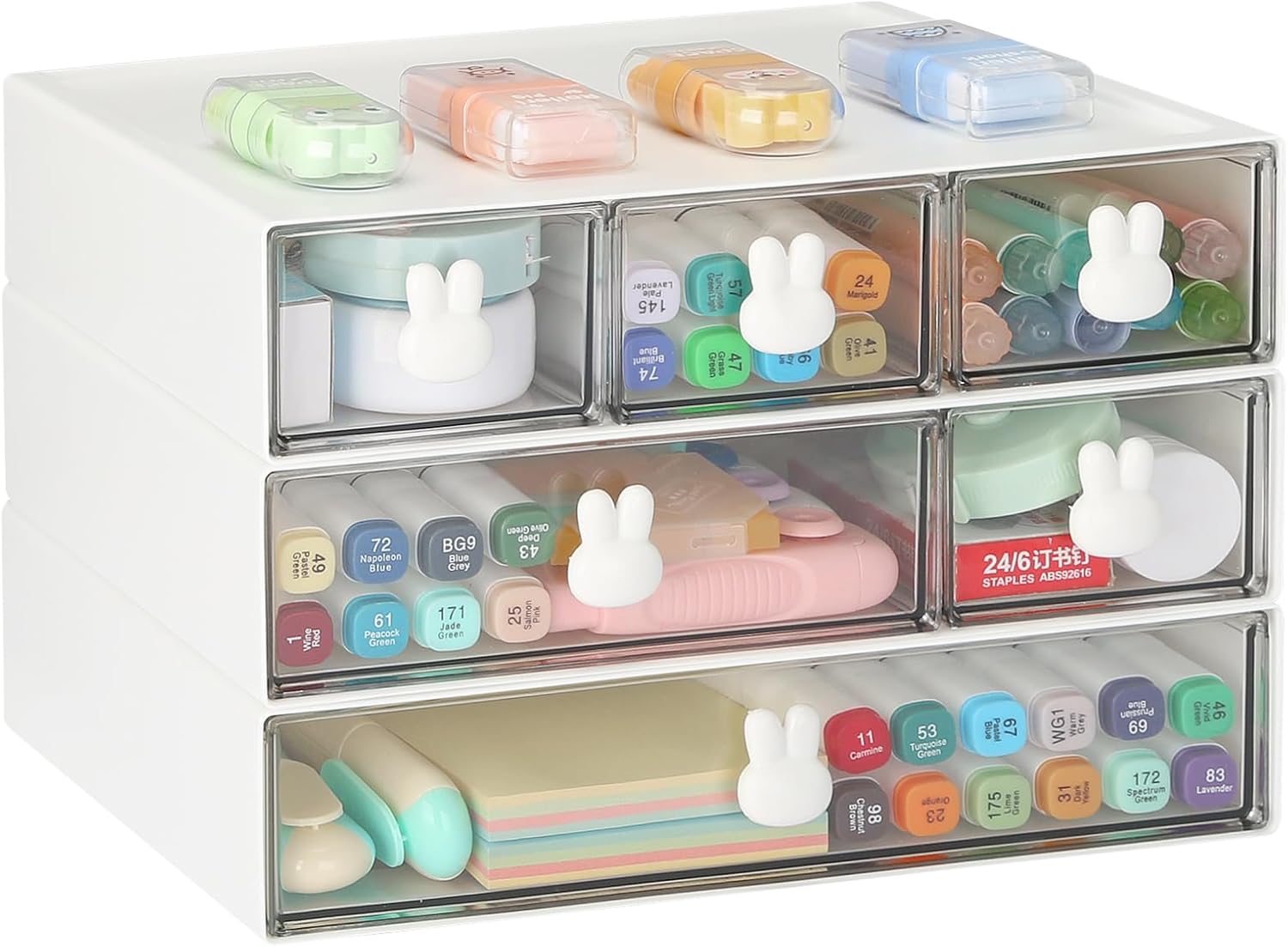 LETURE Stackable Desk Organizer, Plastic Storage Drawer for Office School Home Makeup, Pen Pencils Markers Stationery Supplies Organizers (White -6 Draws)