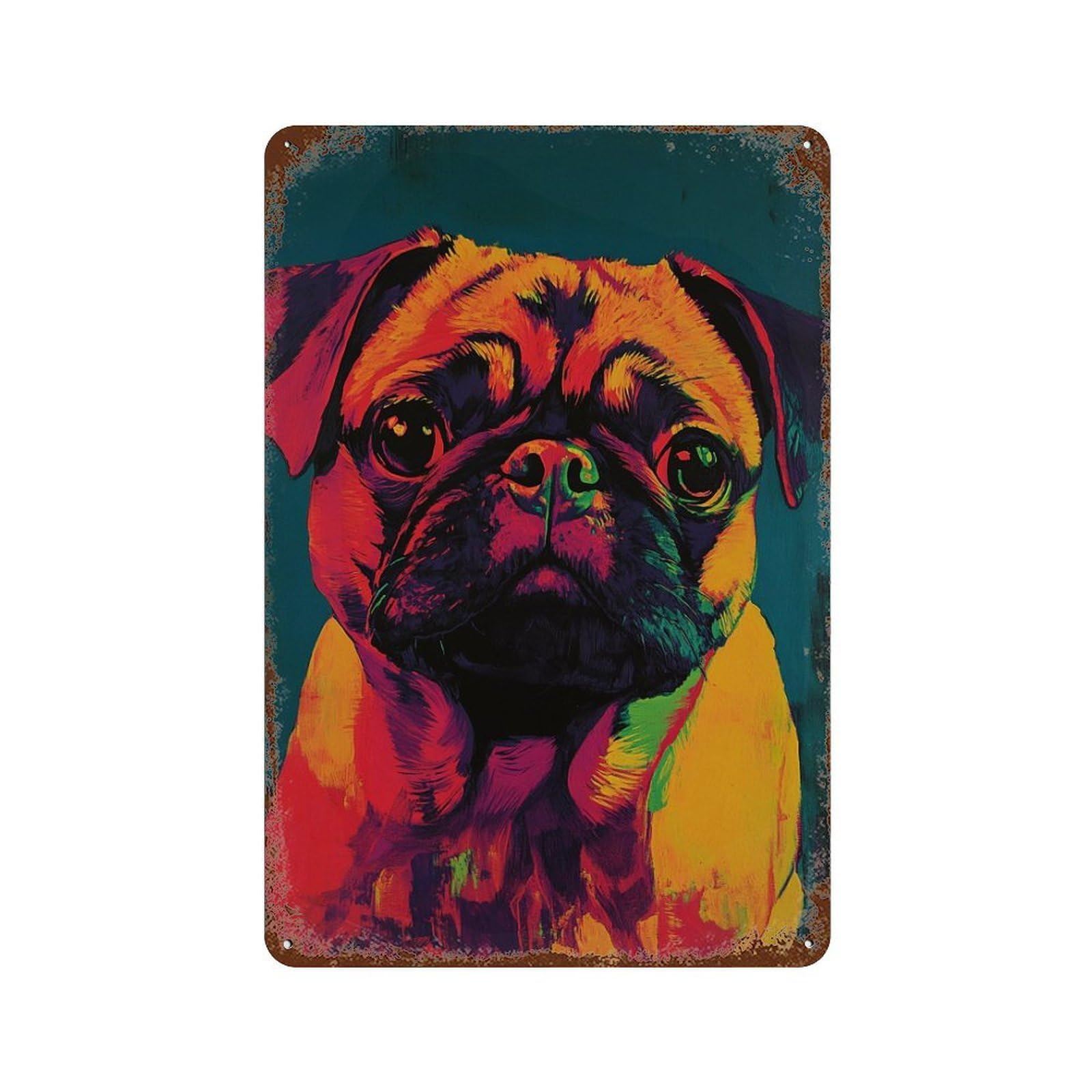 Garage Style Colorful Pug Art Print Rust Effect Tin Sign 11.8"x7.9", Shabby Chic Decor for Bar And Workshop