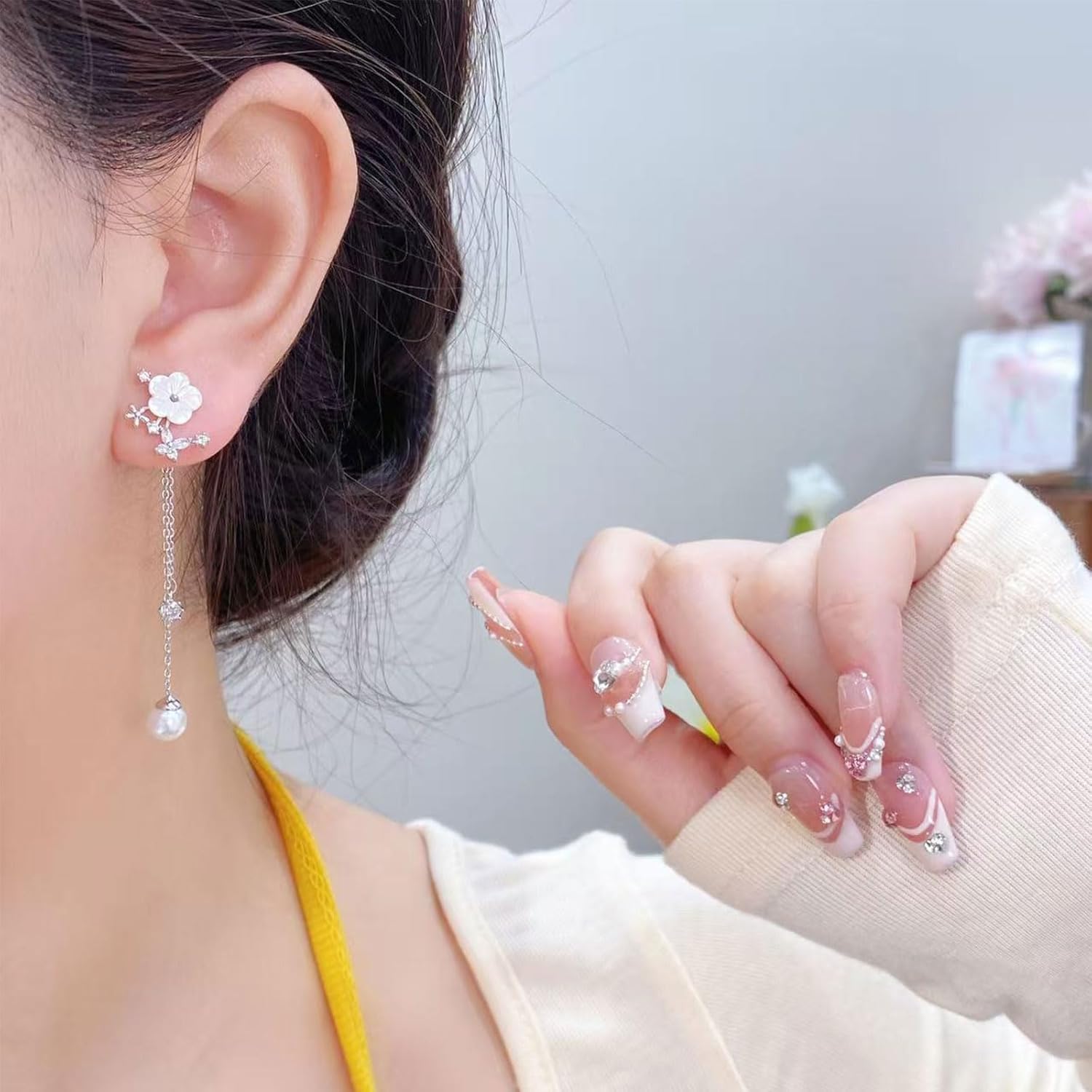 Pearl Flower Dangle Earrings for Women Long Gold Chain Drop Earrings Dainty Flower Wedding Earrings for Brides Statement Sparkly Jewelry - Image 4