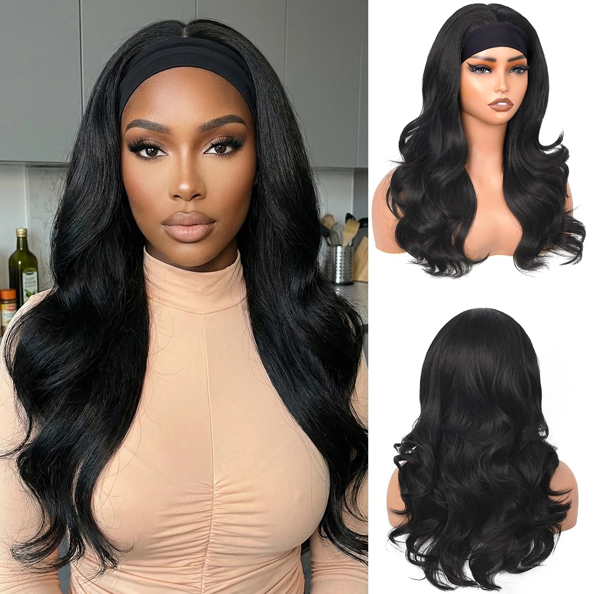 Emistar Wavy Headband Wig Loose Body Wave Glueless Synthetic Hair for Black Women None Lace Front Wigs Headband Wigs 150% Density (Natural Black)