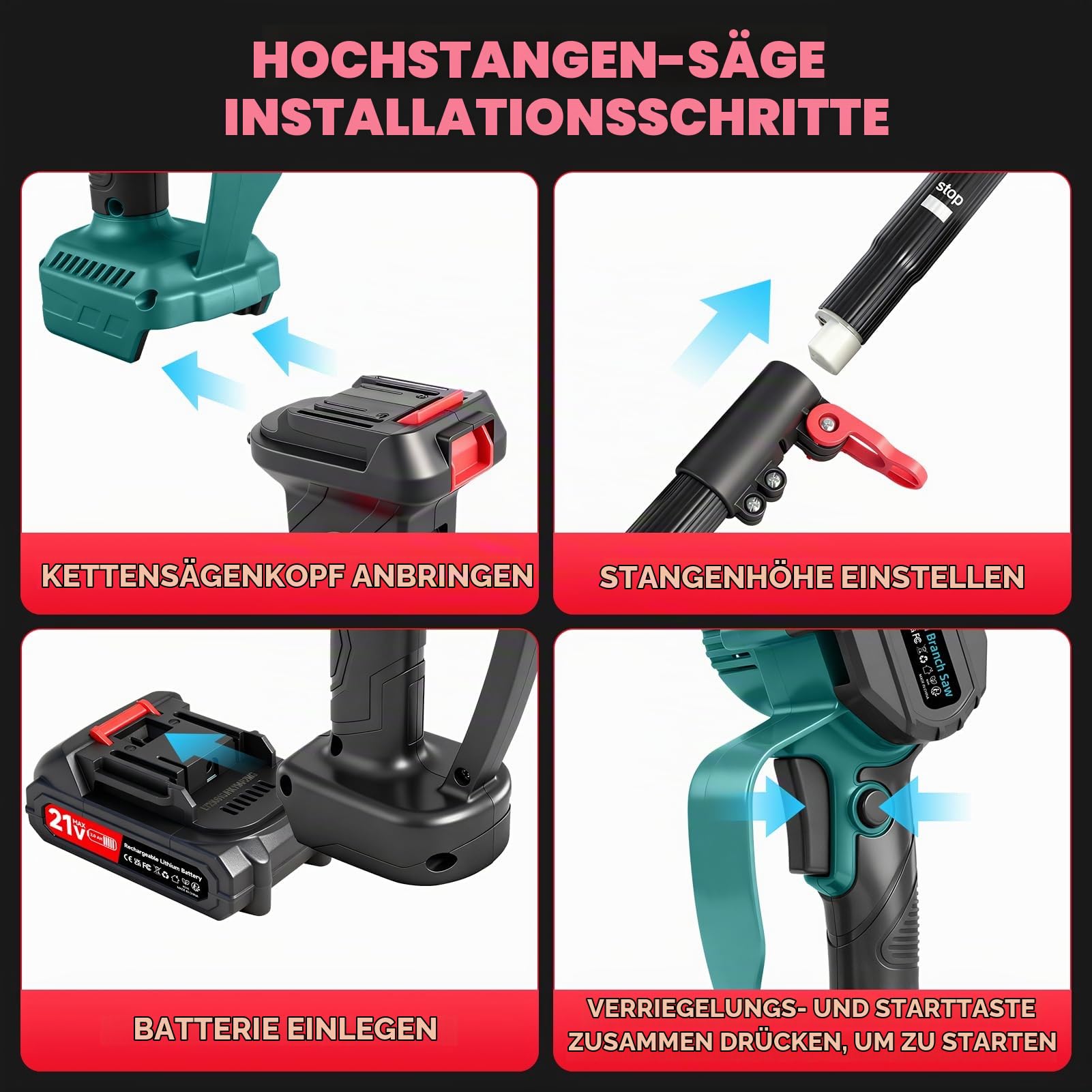 Elektrisch Stangensäge, 2-in-1 Teleskop Baumsäge Teleskopsäge, 4500 U/min, Maximale Reichweite 2,4m, 2 X 2000mAH, Astsäge Teleskop zum Beschneiden Handflächen und Sträuchern
