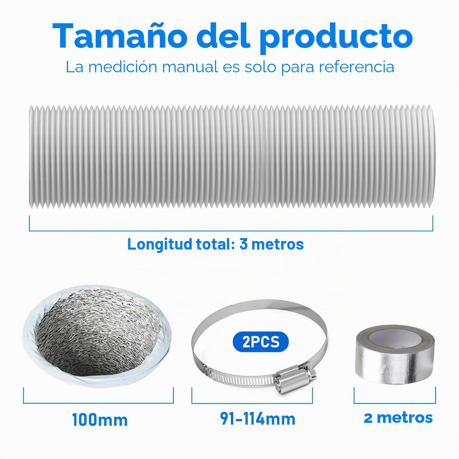 YSOOUA Tubo Flexible de Salida de Aire 5 m PVC con Abrazaderas para Extractor de Aire, Climatización, Secadora (100mm x 3m)